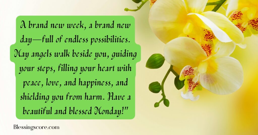 An uplifting image quoted Monday blessings 'A brand new week, a brand new day—full of endless possibilities,' symbolizing hope, peace, and divine guidance for Monday.