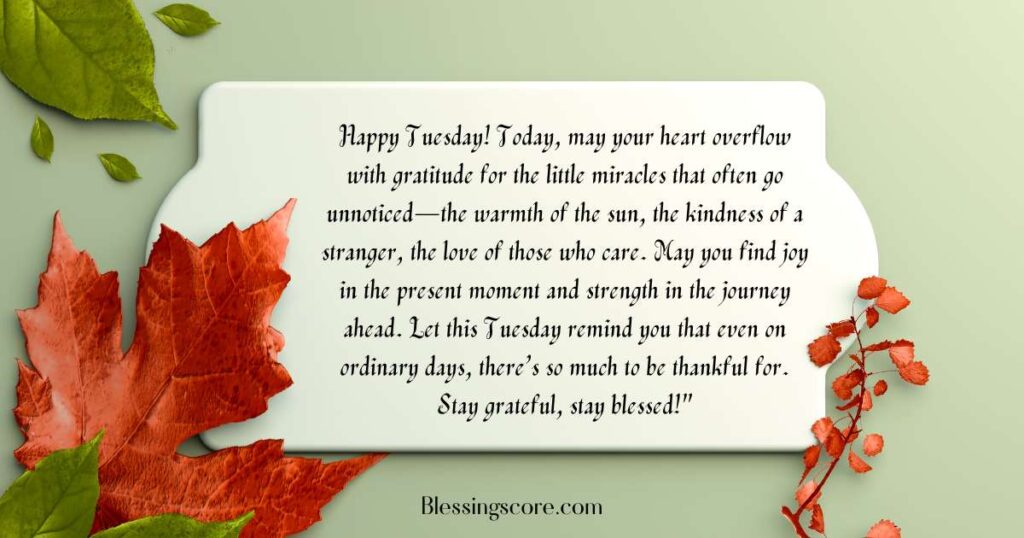 Grateful Tuesday Blessings with a message of appreciating little miracles, kindness, and love in everyday life.