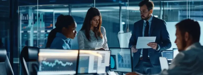 Business leaders collaborate around digital monitors, reflecting the decision-making support provided by a top AI enablement tool for effective AI adoption.
